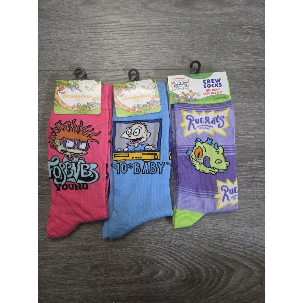 3 Rugrats Nickelodeon Adult Socks Reptar 90s Baby Chuckie Tommy - Size 10/13